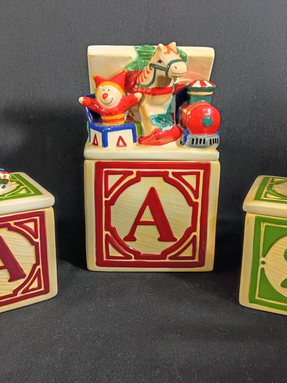 Pfaltzgraff Holiday Garland ABC Block Candle Candy Box Set Christmas Toy 3 Pc